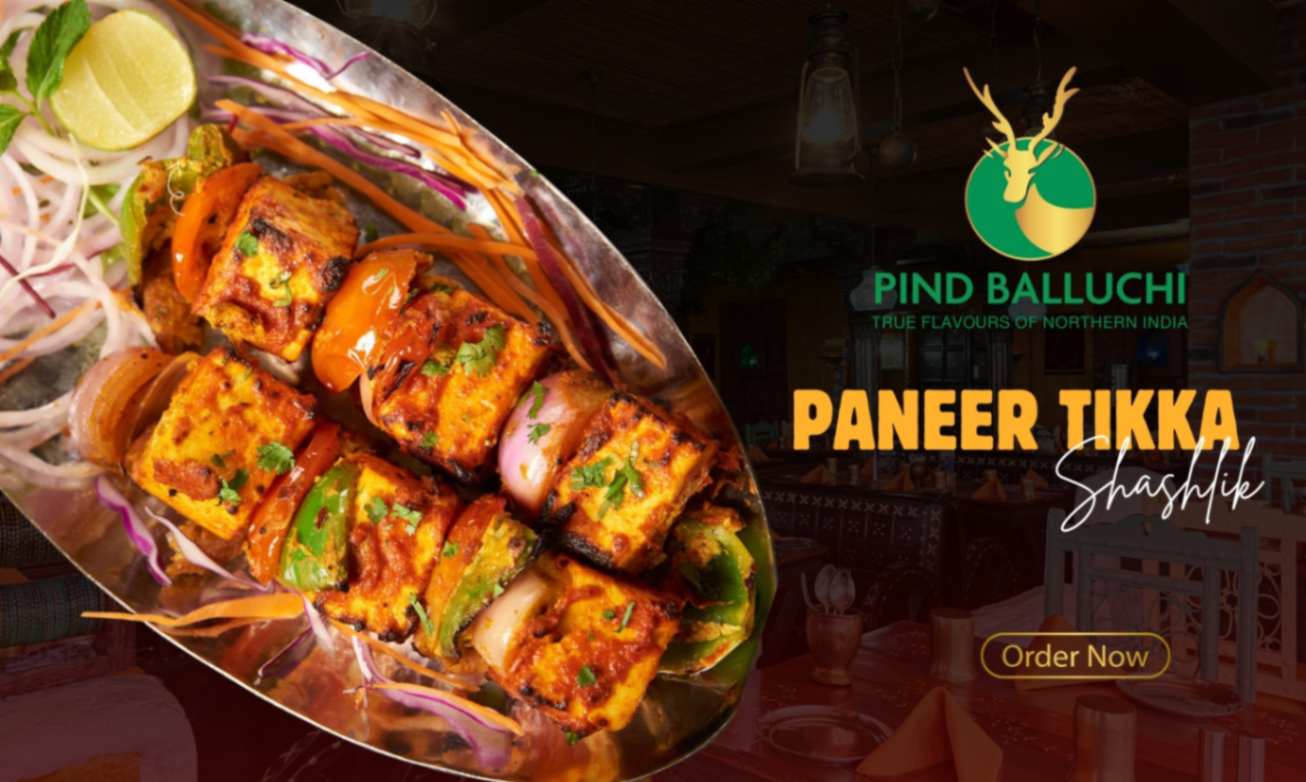 Pind Balluchi paneer tikka shashlik with peppers and onions