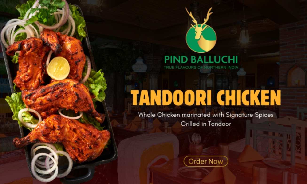 Charred Pind Balluchi tandoori chicken with onions, herbs and lemon